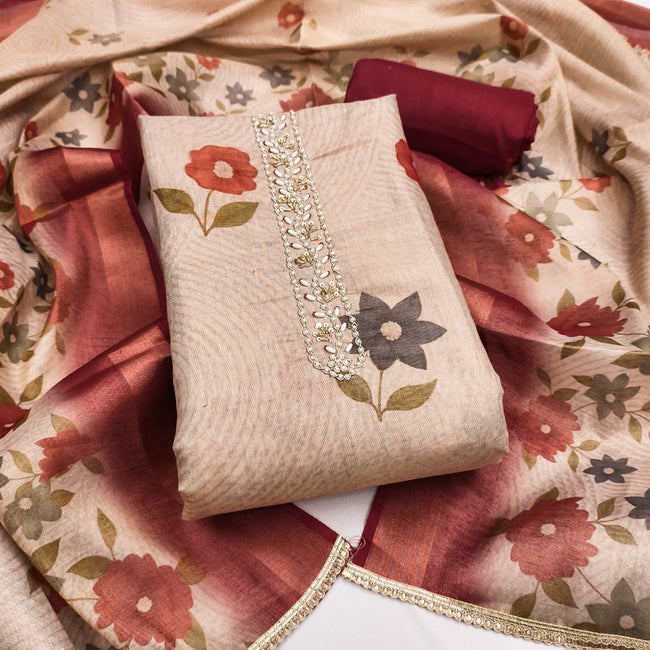 Maroon - Beige Floral Cotton Silk Unstitched Suit Set