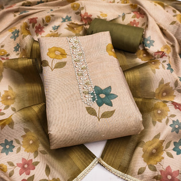 Mustard - Beige Floral Cotton Silk Unstitched Suit Set