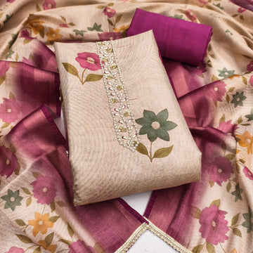 Pink - Beige Floral Cotton Silk Unstitched Suit Set