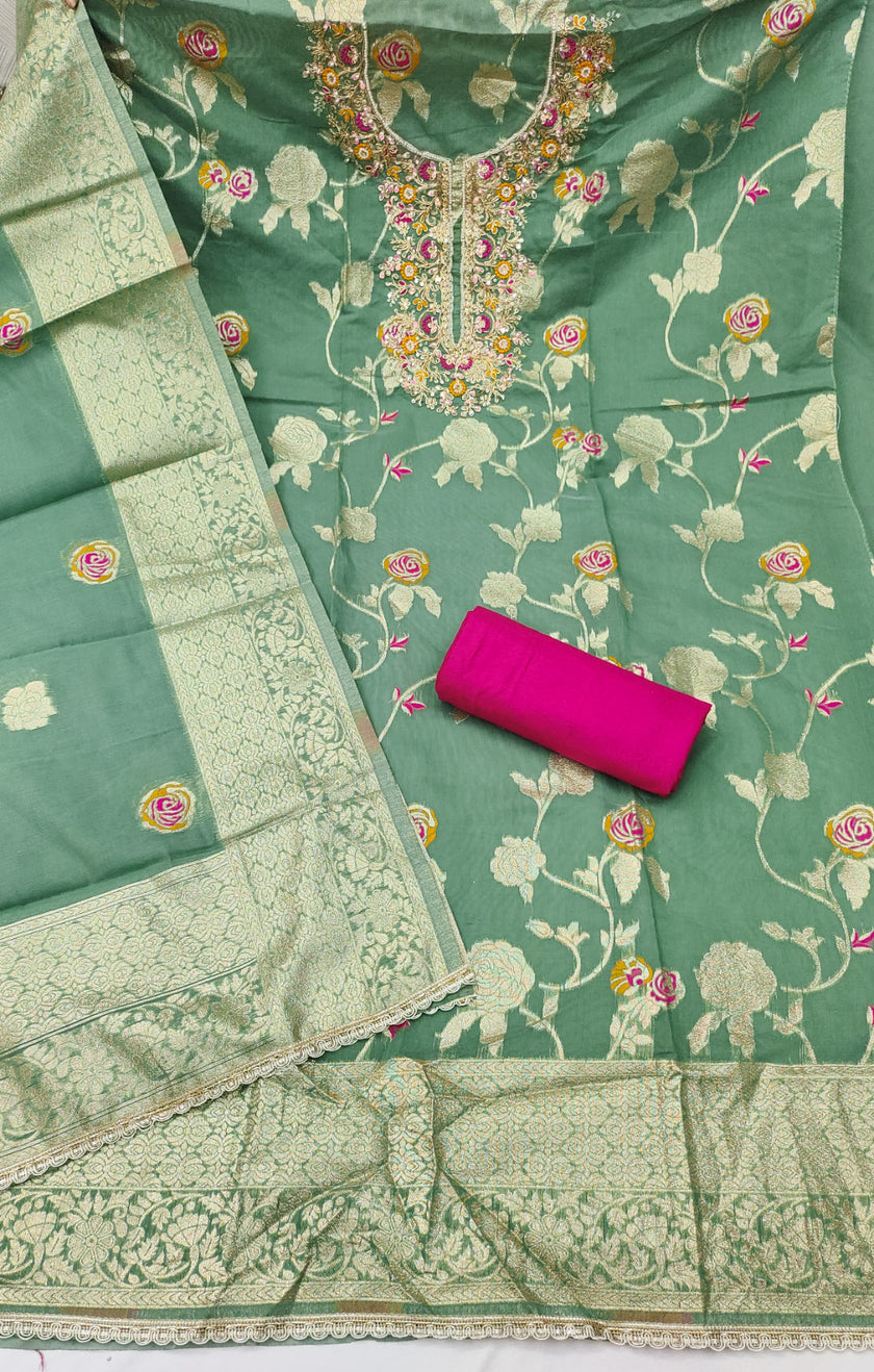 Royal Green Silk Unstitched Suit Set