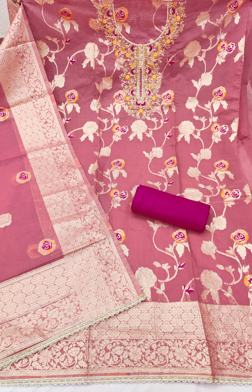 Rose Pink Silk Unstitched Suit Set