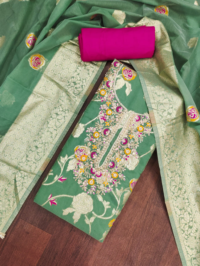 Royal Green Silk Unstitched Suit Set