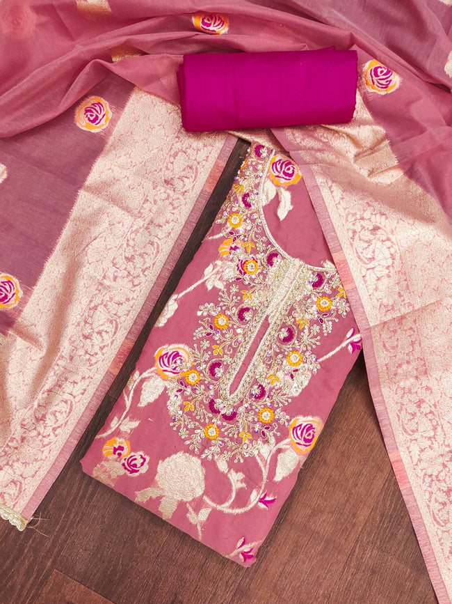Rose Pink Silk Unstitched Suit Set