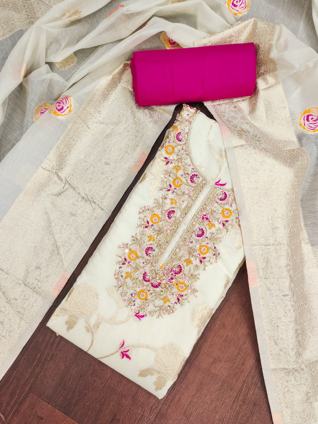 White Silk Unstitched Suit Set