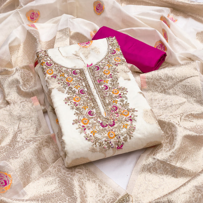 White Silk Unstitched Suit Set