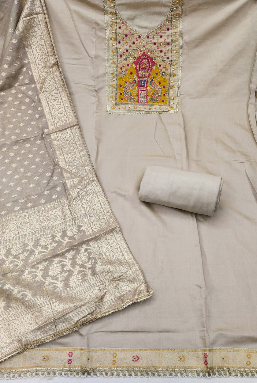 Off White Cotton Silk Unstitched Suit set