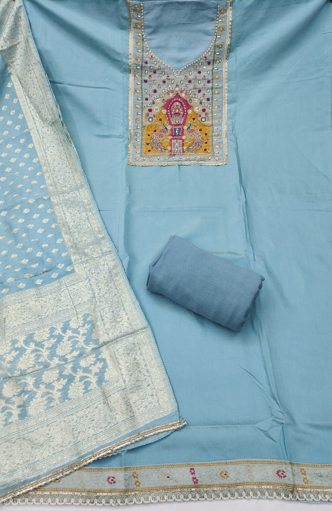 Sea Blue Cotton Silk Unstitched Suit set