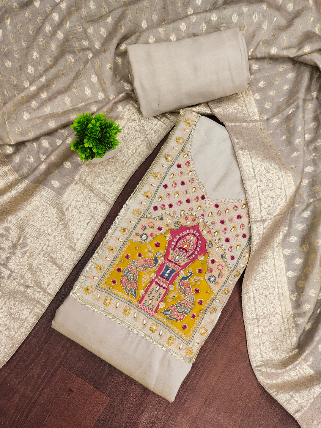 Off White Cotton Silk Unstitched Suit set