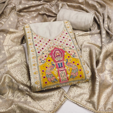 Off White Cotton Silk Unstitched Suit set