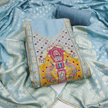 Sea Blue Cotton Silk Unstitched Suit set
