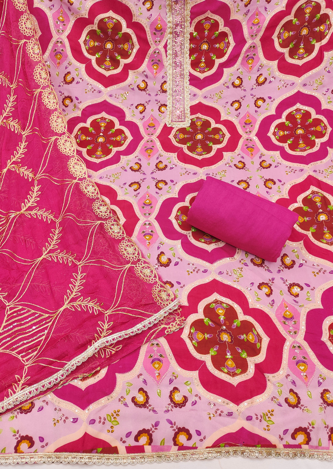 Purple and Pink Viscose Silk Unstitched Suit Set