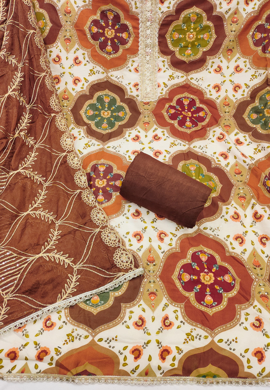Brown Viscose Silk Unstitched Suit Set