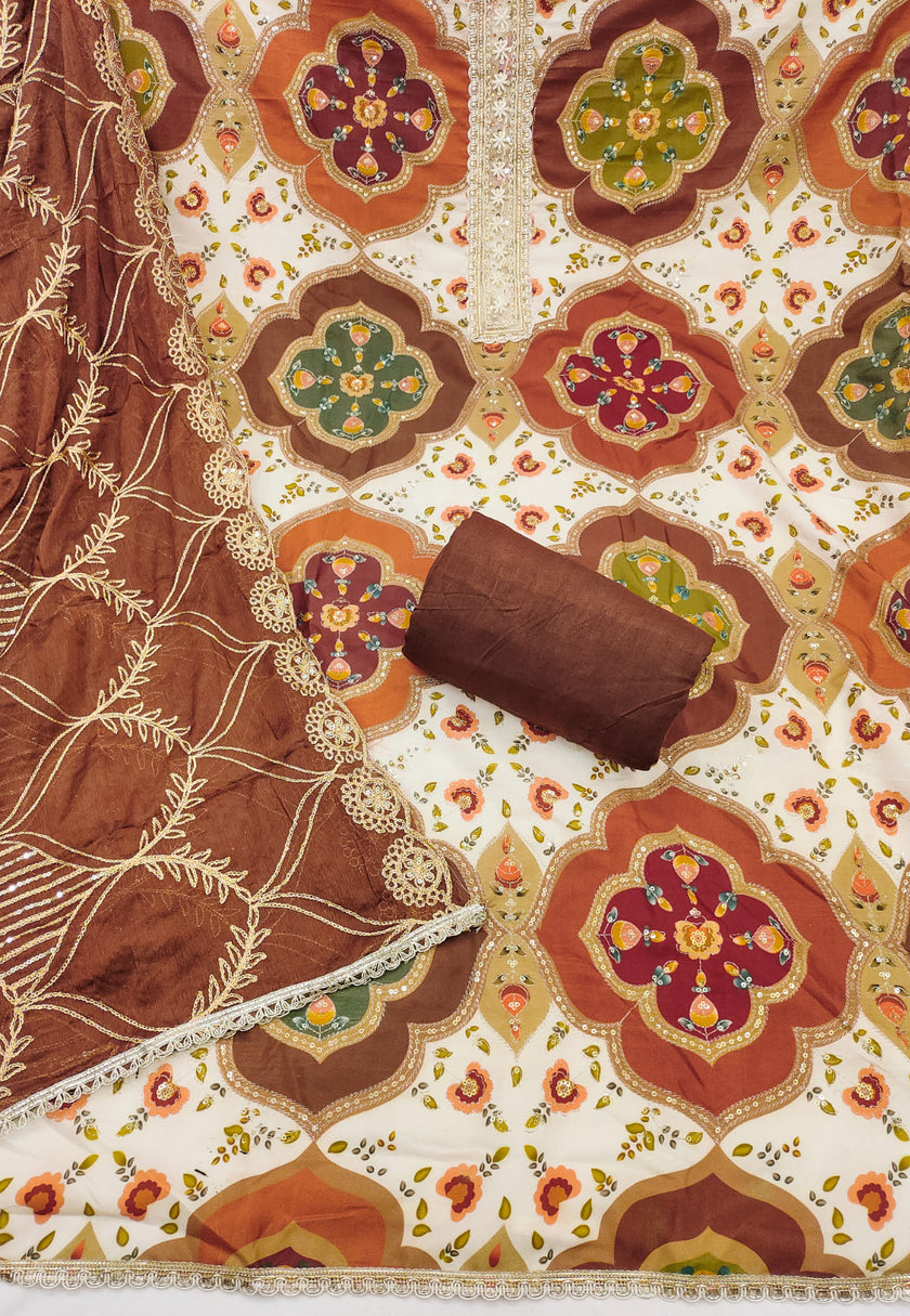 Brown Viscose Silk Unstitched Suit Set