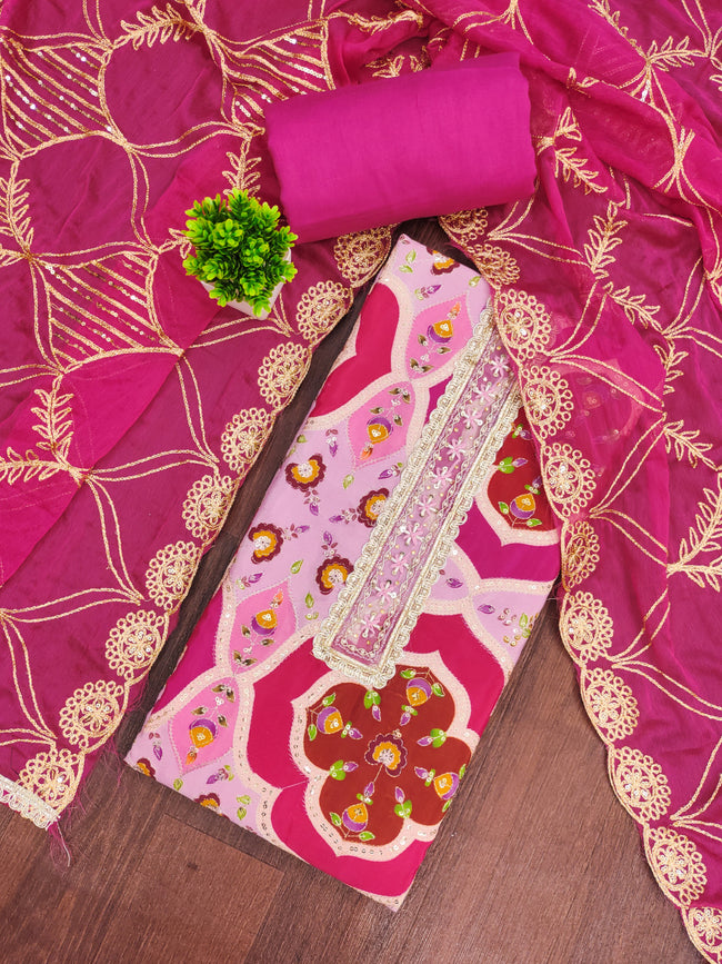 Purple and Pink Viscose Silk Unstitched Suit Set