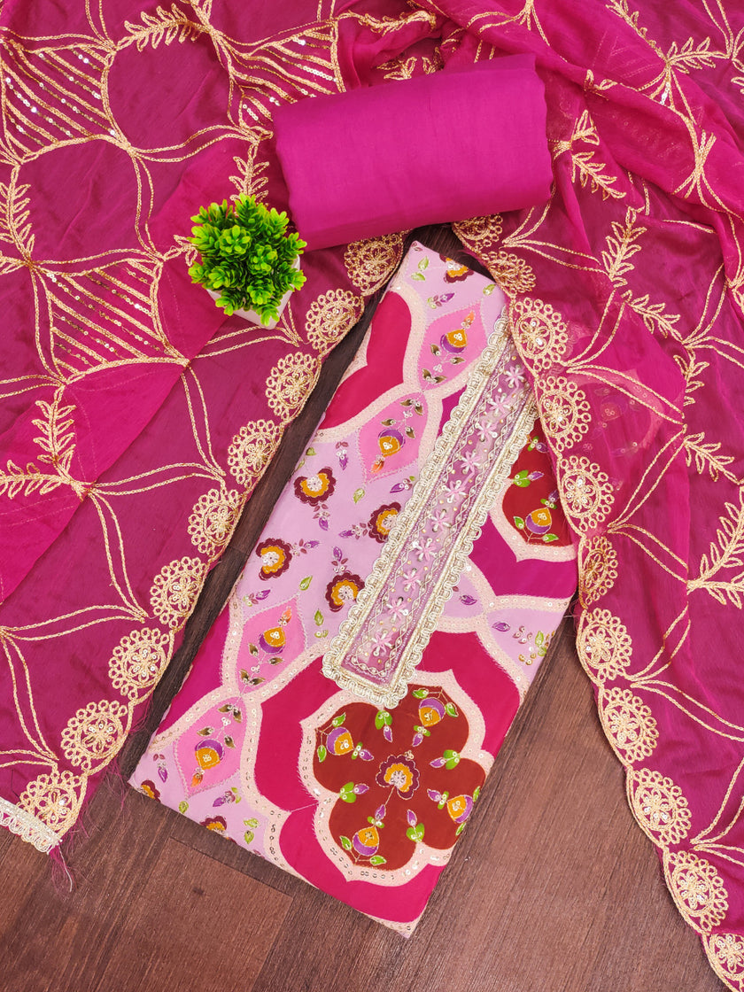 Purple and Pink Viscose Silk Unstitched Suit Set