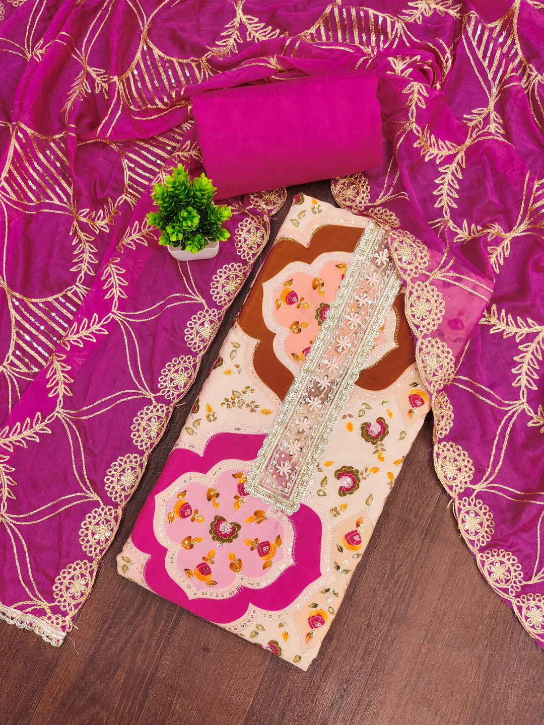 Peach and Pink Viscose Silk Unstitched Suit Set