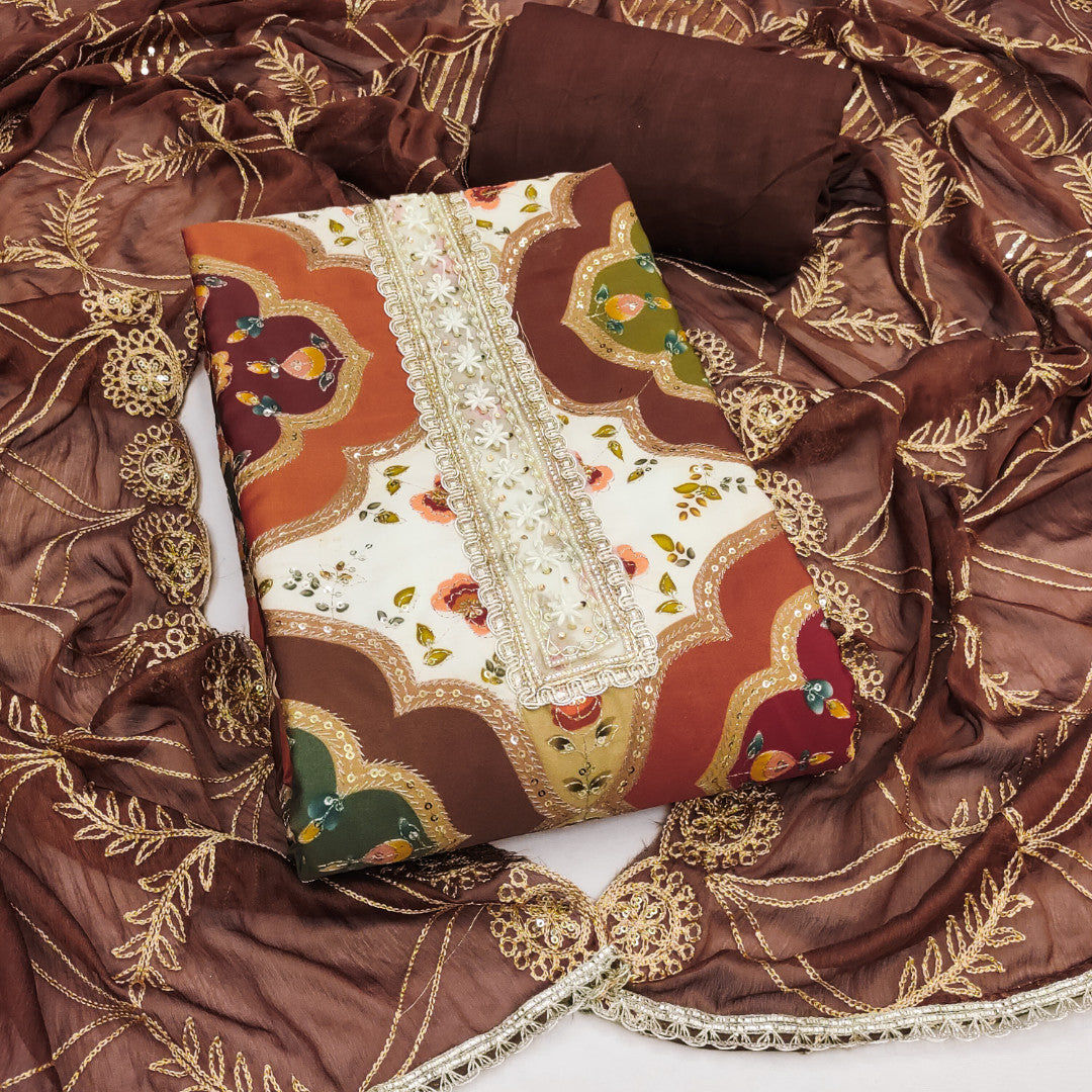 Brown Viscose Silk Unstitched Suit Set