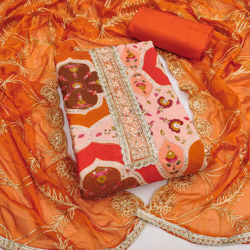 Orange Viscose Silk Unstitched Suit Set