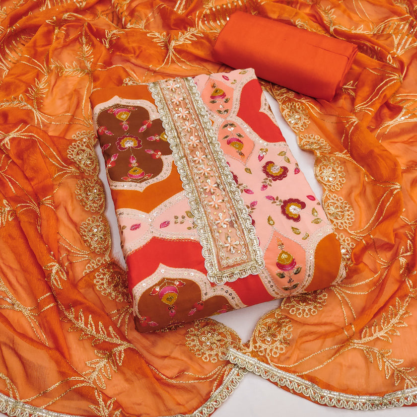 Orange Viscose Silk Unstitched Suit Set