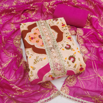 Peach and Pink Viscose Silk Unstitched Suit Set