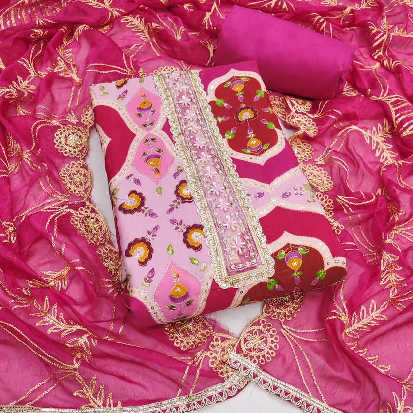 Purple and Pink Viscose Silk Unstitched Suit Set