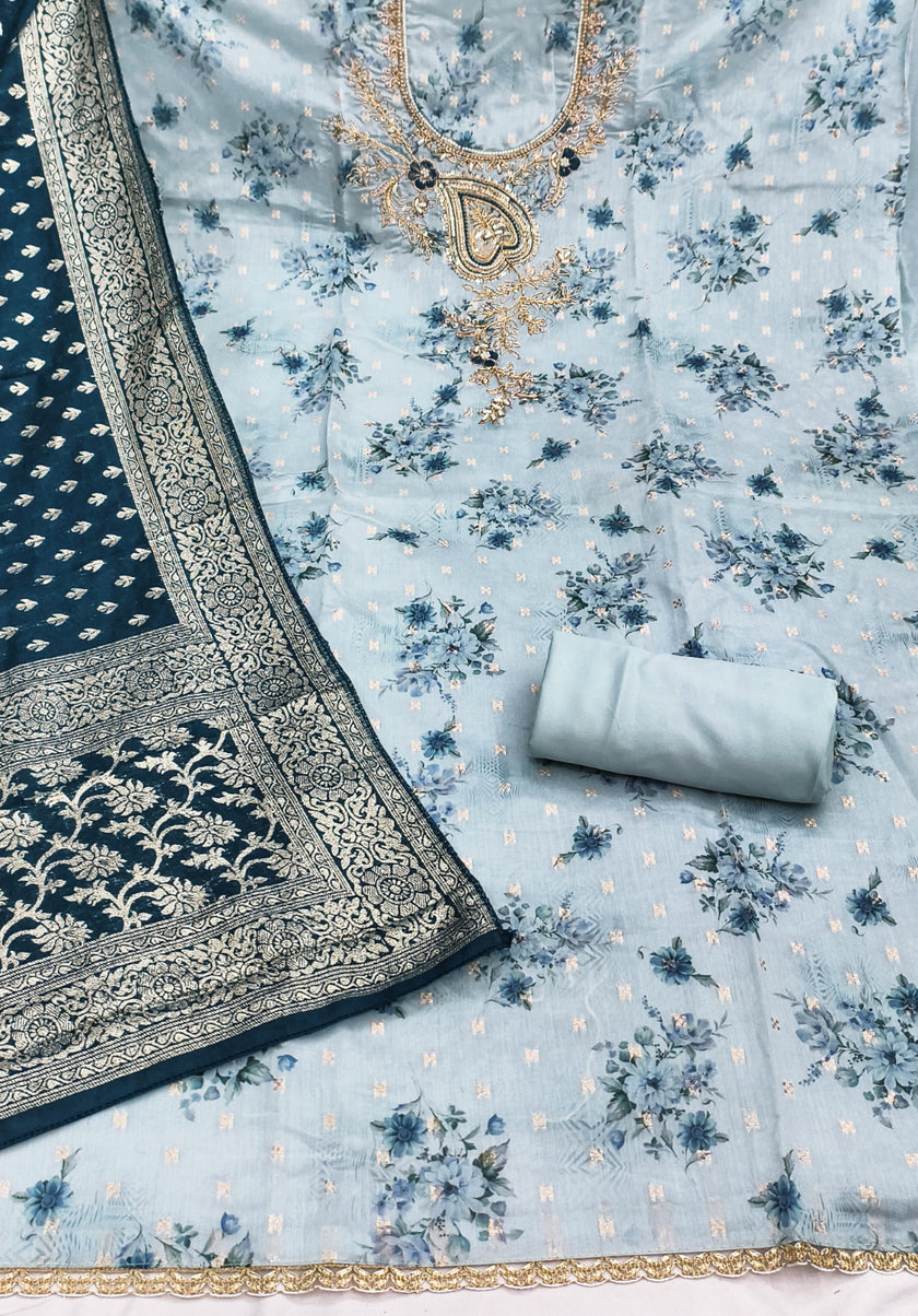 Teal Blue Modal Cotton Silk Unstitched suit set