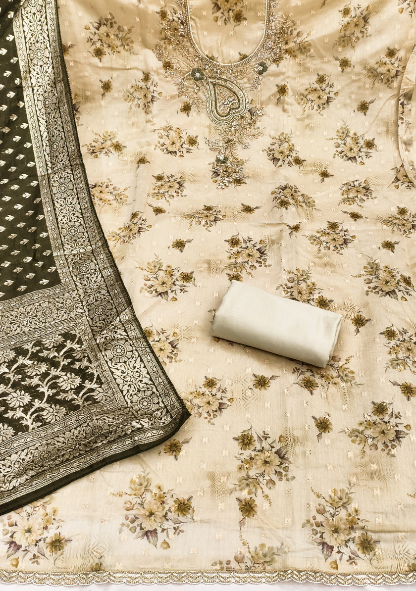 Cream Yellow Modal Cotton Silk Unstitched suit set