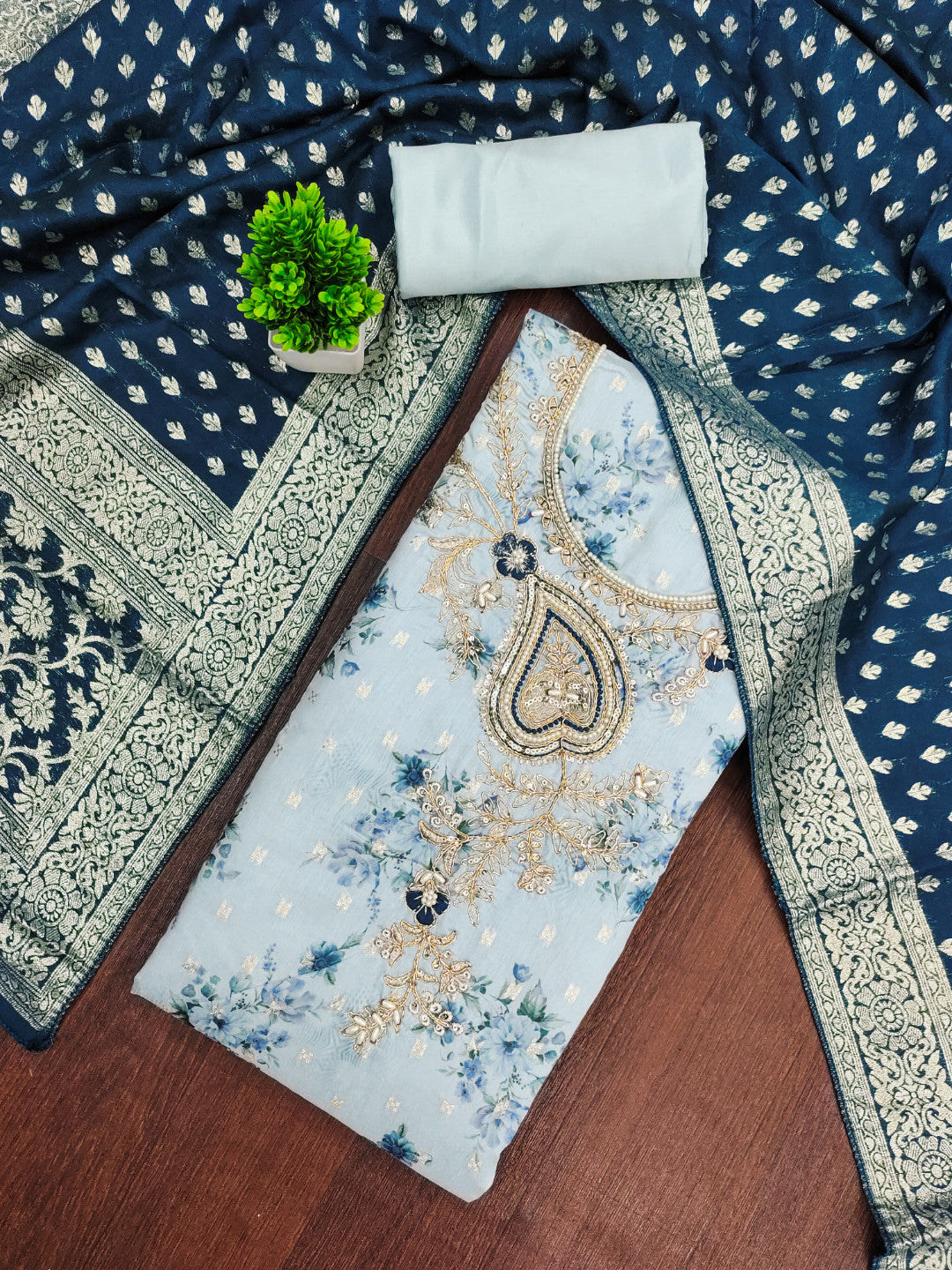 Teal Blue Modal Cotton Silk Unstitched suit set