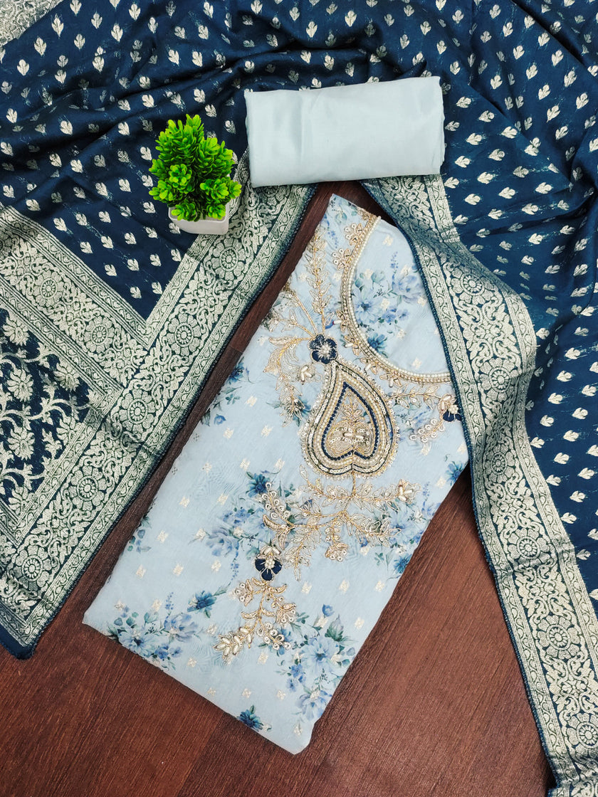 Teal Blue Modal Cotton Silk Unstitched suit set