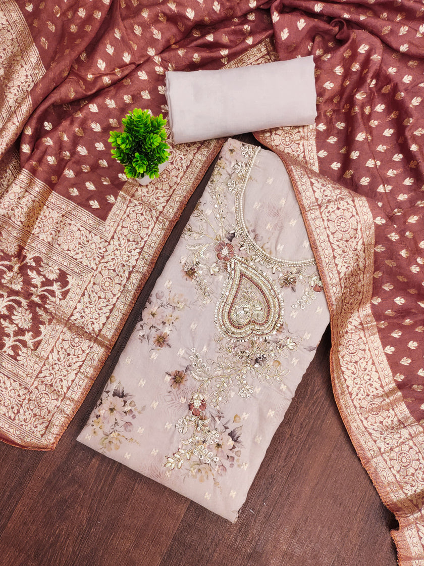 Brown Modal Cotton Silk Unstitched suit set