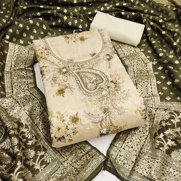 Cream Yellow Modal Cotton Silk Unstitched suit set