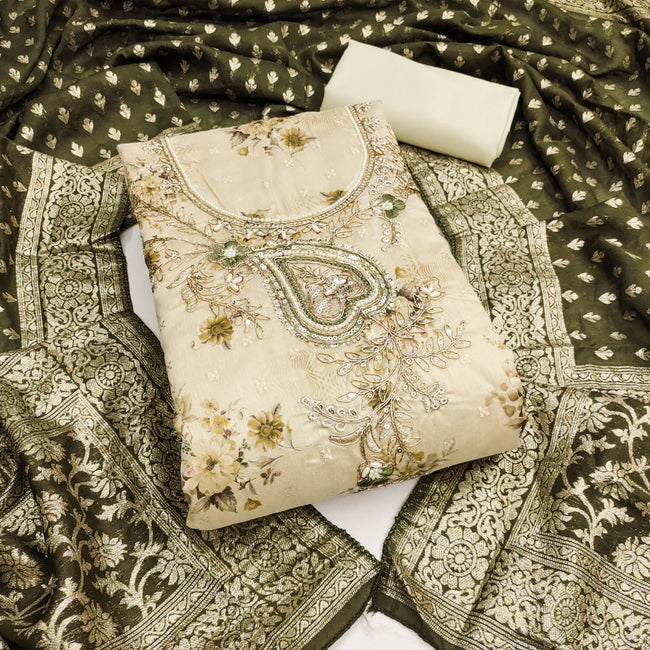 Cream Yellow Modal Cotton Silk Unstitched suit set