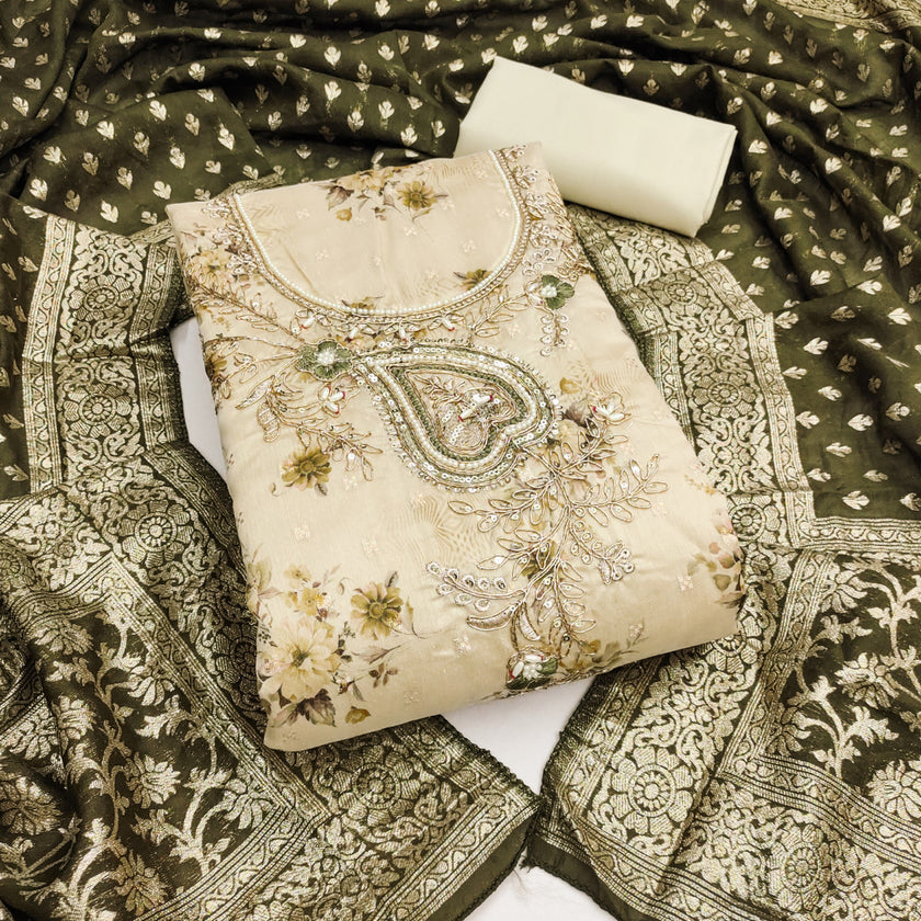 Cream Yellow Modal Cotton Silk Unstitched suit set