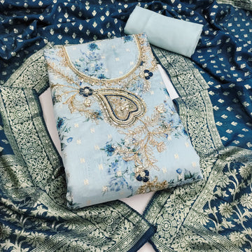 Teal Blue Modal Cotton Silk Unstitched suit set
