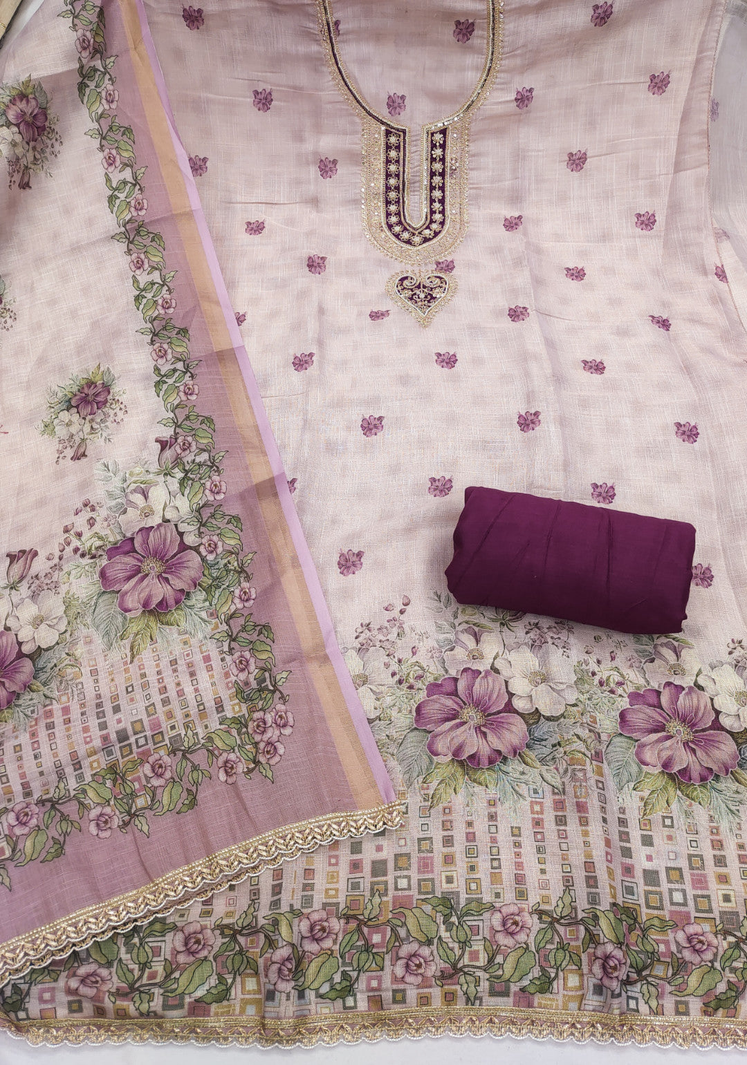 Wine Linen Embroidered Unstitched Suit Set