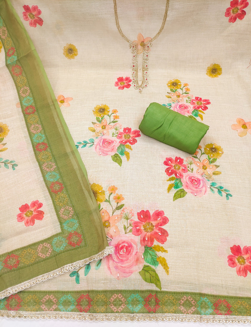 Green - Beige Pure Linen Cotton Unstitched Suit Set