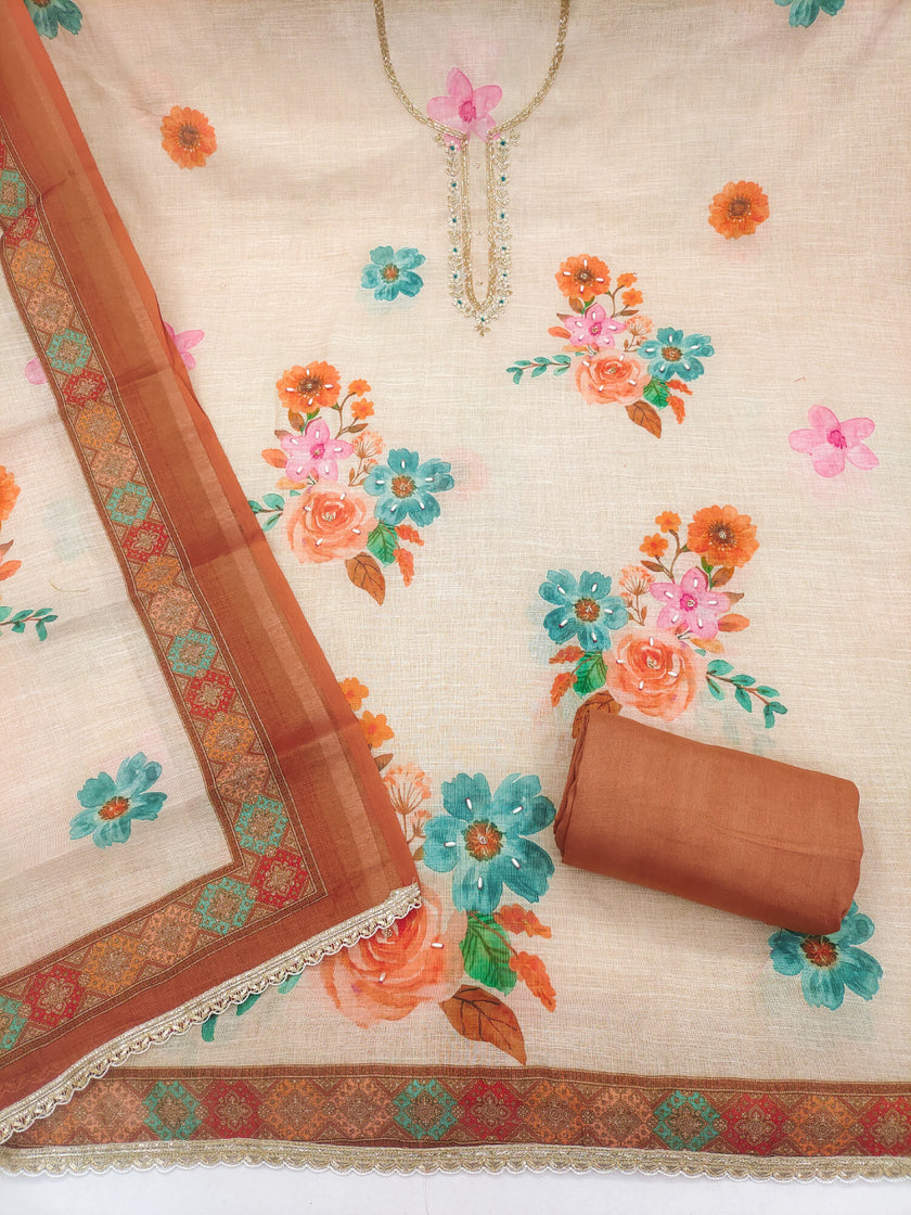 Brown - Beige Pure Linen Cotton Unstitched Suit Set