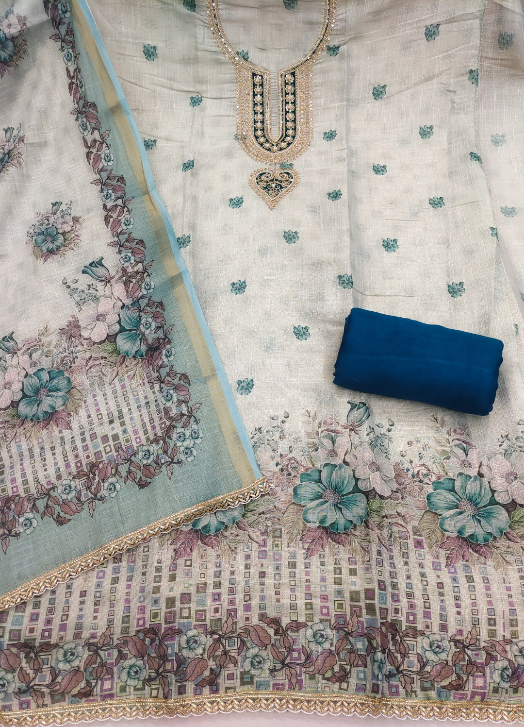 Light Blue Linen Embroidered Unstitched Suit Set