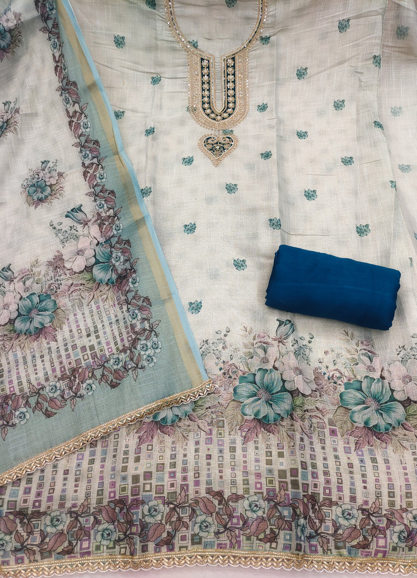 Light Blue Linen Embroidered Unstitched Suit Set