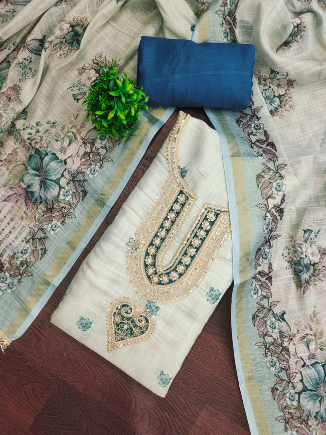 Light Blue Linen Embroidered Unstitched Suit Set