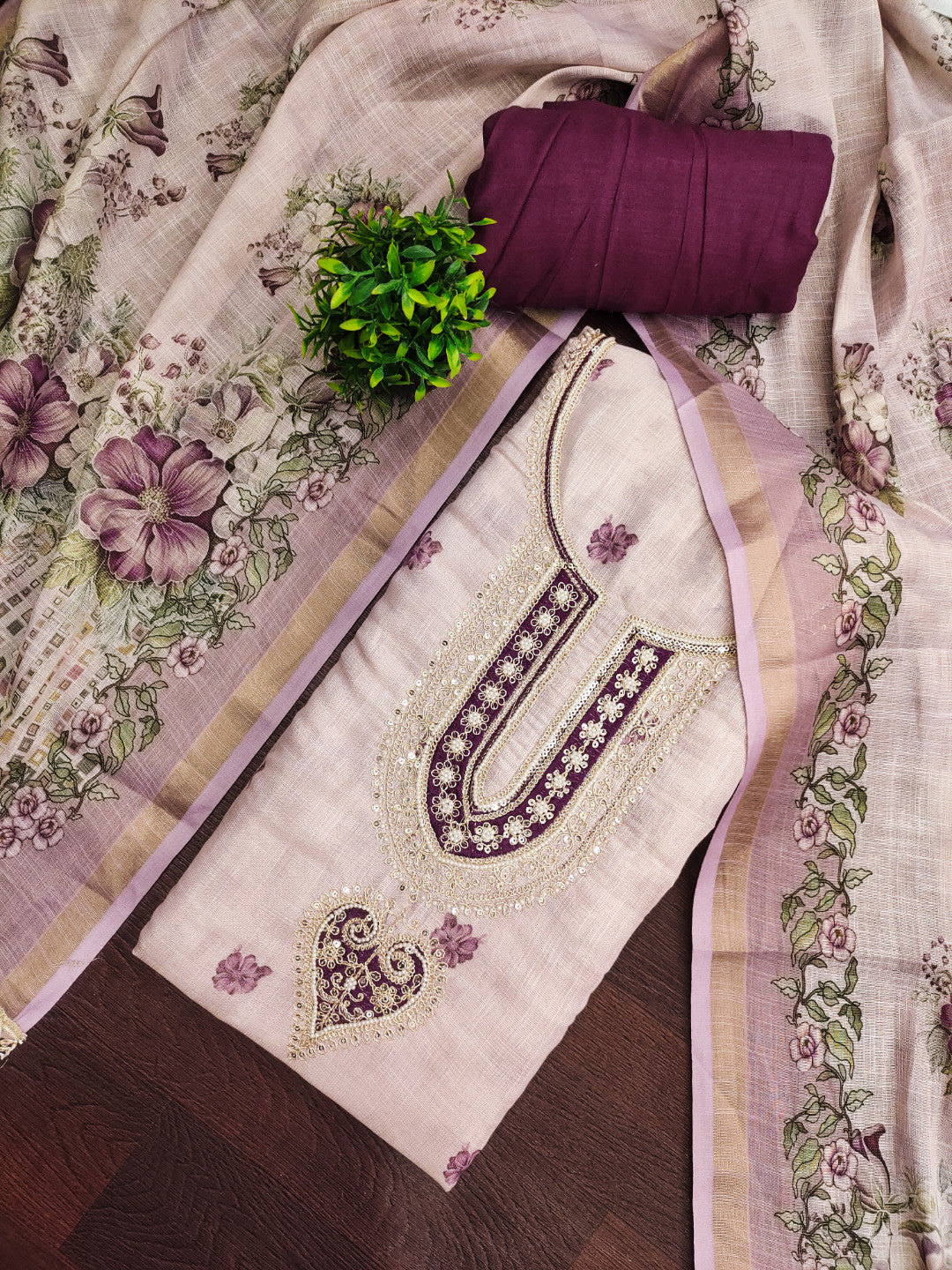 Wine Linen Embroidered Unstitched Suit Set