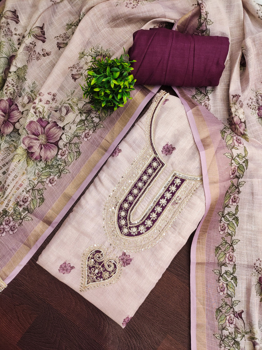 Wine Linen Embroidered Unstitched Suit Set