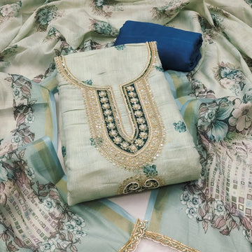 Light Blue Linen Embroidered Unstitched Suit Set