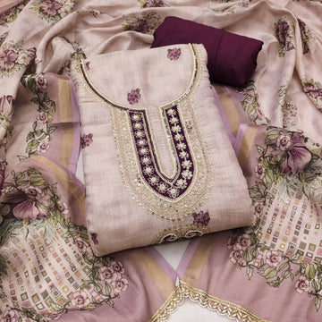 Wine Linen Embroidered Unstitched Suit Set