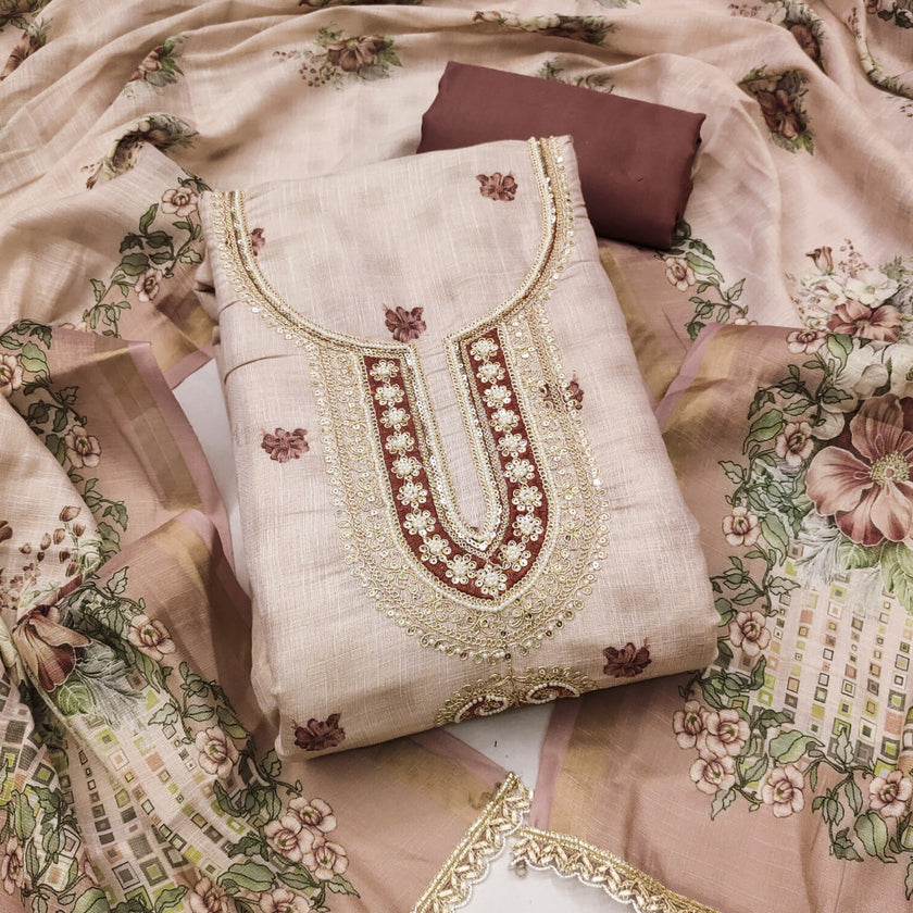 Rose gold Linen Embroidered Unstitched Suit Set
