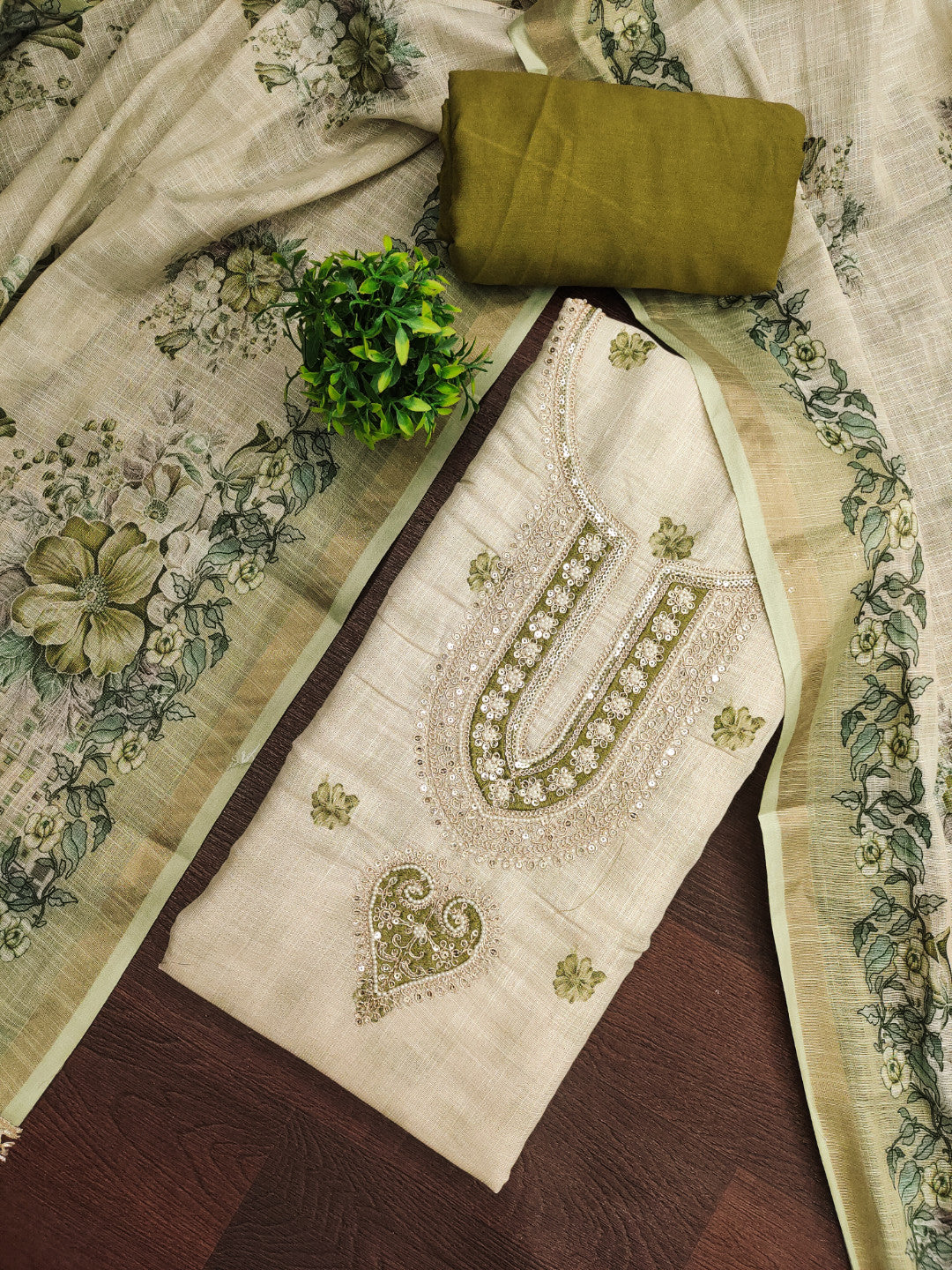 Light Green Linen Embroidered Unstitched Suit Set