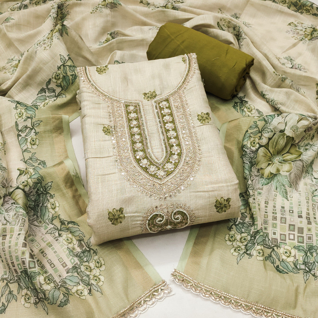 Light Green Linen Embroidered Unstitched Suit Set