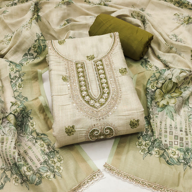 Light Green Linen Embroidered Unstitched Suit Set