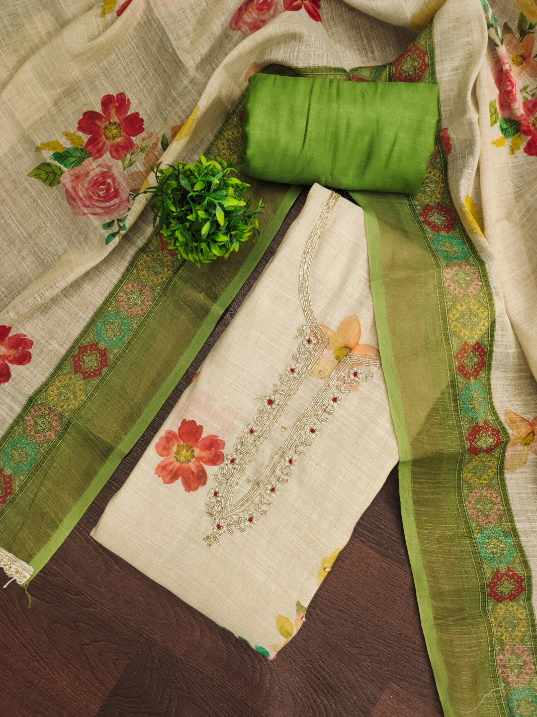 Green - Beige Pure Linen Cotton Unstitched Suit Set