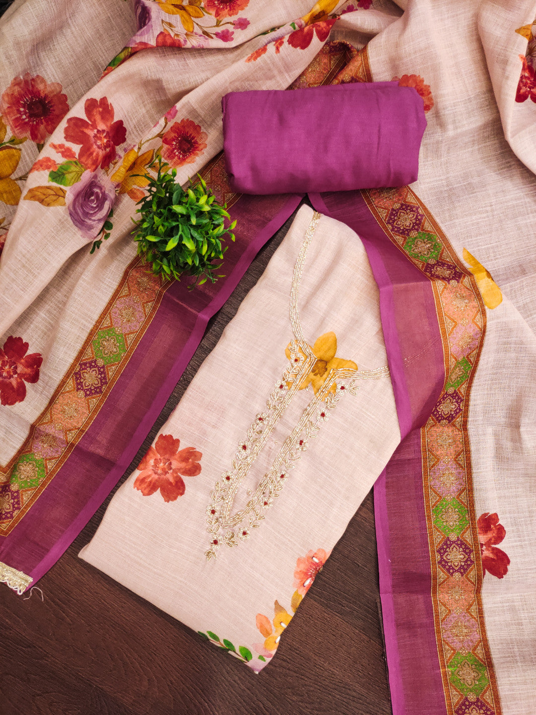 Purple - Beige Pure Linen Cotton Unstitched Suit Set